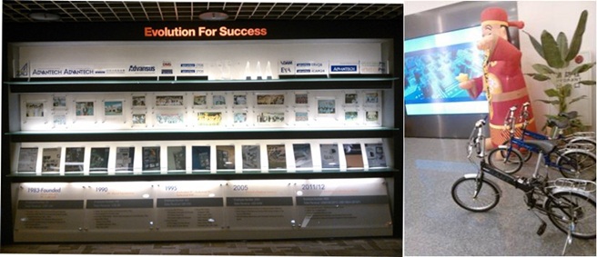 左圖:研華從1983年創立至今的歷史。 右圖:推廣節能減碳,研華提供腳踏車方便員工騎著小摺往訪瑞光總部及陽光大樓間。