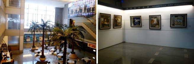 左圖:位於瑞光總部B1如同飯店大廳的咖啡廳,讓人想在椰子樹下悠閒地度過一個下午。 右圖:咖啡廳旁邊也是公益走廊,員工或訪客可以坐在咖啡廳裡一邊洽公、休憩,一邊欣賞畫作。