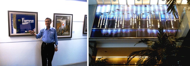 左圖:過去曾在小學擔任校長的林基在總監,說起話來仍有如老師般春風化雨。 右圖:研華企業的核心精神就高掛在咖啡廳正上方。