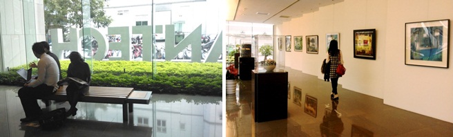 左圖:洽談公事的人們和背後的<讀書的女孩>毫無「違和感」。 右圖:於研華公益藝廊的展出的「畫非花─張韻明油畫個展」。