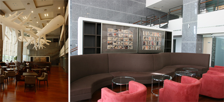 穿過大廳右方進入的是智原內部挑高、明亮的咖啡廳，除也可作為延伸的展覽場地（圖左為2008森林呼吸│蕭長正個展／智原科技提供），也收藏、展示過往展出作品。（圖右為藝術家梁慶富於智原展出時的素描作品。攝影／蘇怡如）