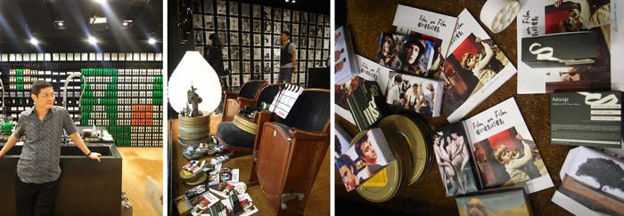 楊啟良（最左）於Aēsop台北誠品信義的專賣店，店中以大量電影元素、圖像為主，明確表達其品牌的訴求及精神。（攝影／藍恭旭）