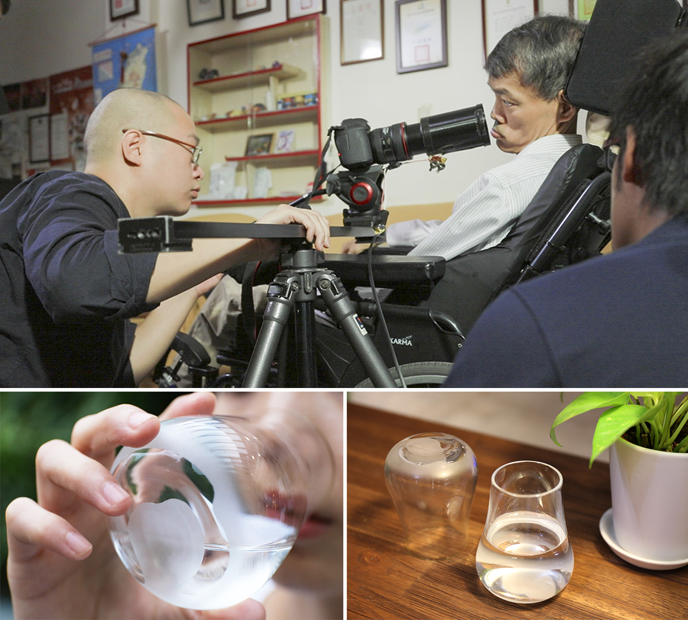 與漸凍人協會合作的《呼吸杯》，利用特殊裝置採集病友呼吸的形狀，再經由玻璃師傅手工吹製，用呼吸的概念連結了病友、生產者和使用者。